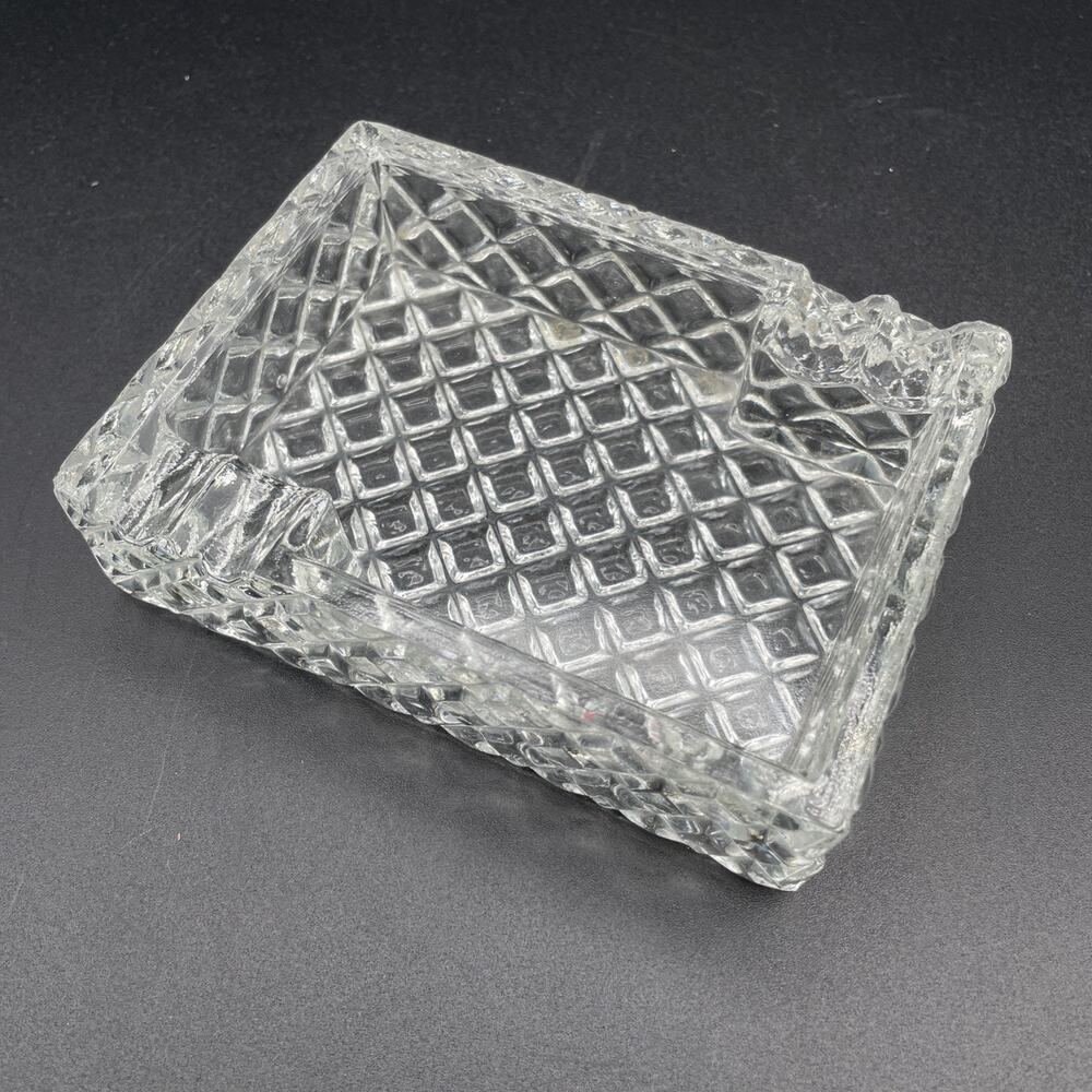 Vintage Pressed Clear Glass Square Ashtray 4.5 X 3.5 Diamond Pattern